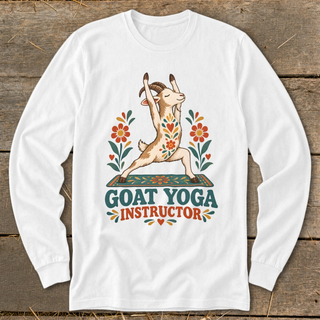 Goat in yoga pose on mat with "GOAT YOGA INSTRUCTOR" text.