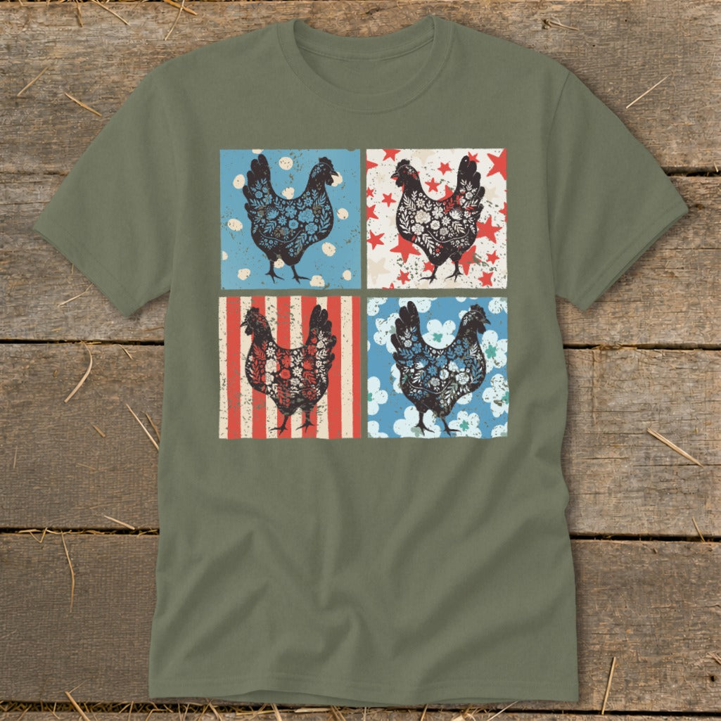 Four chickens in square panels with floral and patriotic patterns.