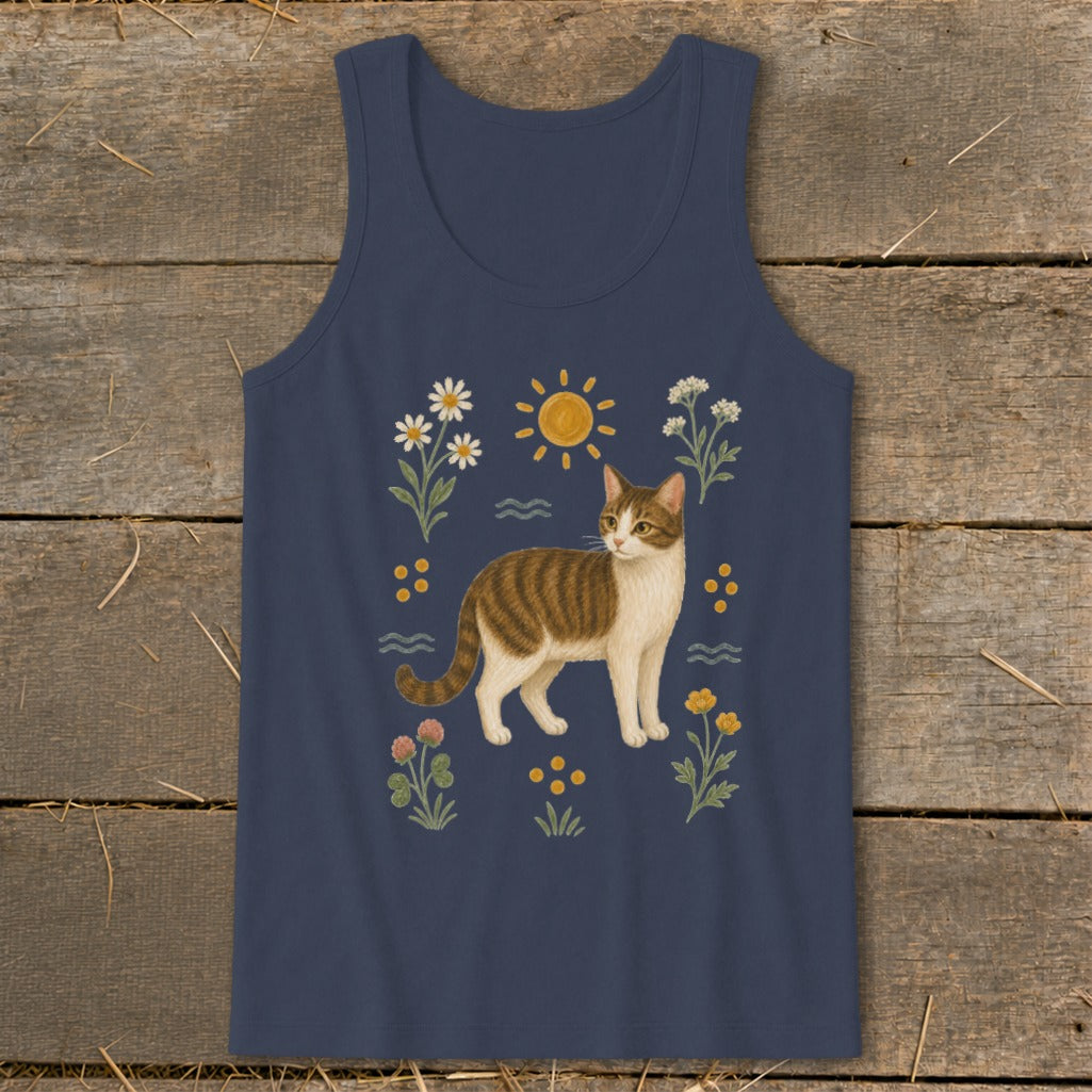 Navy tank top with tabby cat and floral illustration.