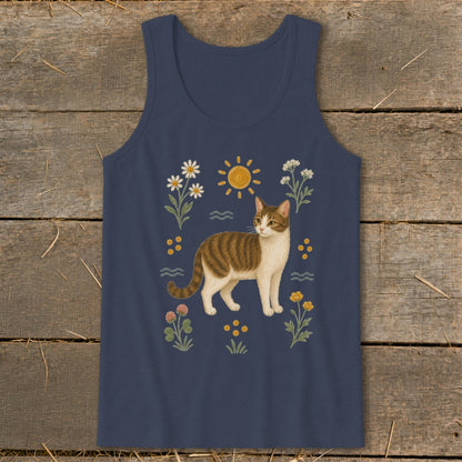 Navy tank top with tabby cat and floral illustration.