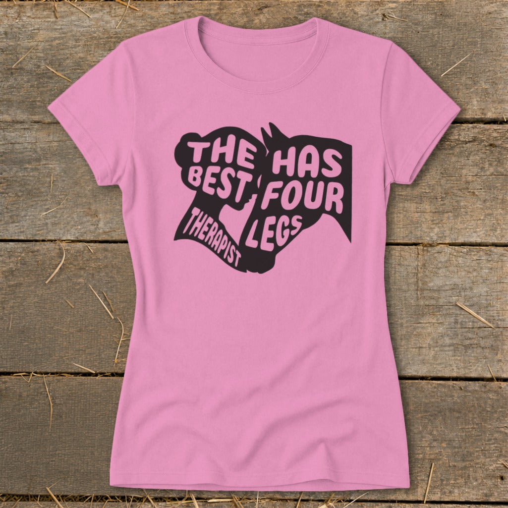 Pink t-shirt with black text and horse silhouette: "The best therapist has four legs."