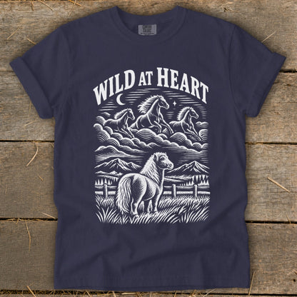 Dark blue t-shirt with white "Wild At Heart" text and horse illustrations.