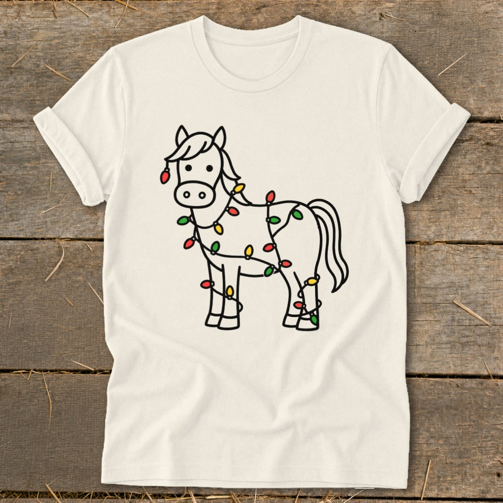 Line drawing of a horse decorated with colorful Christmas lights.