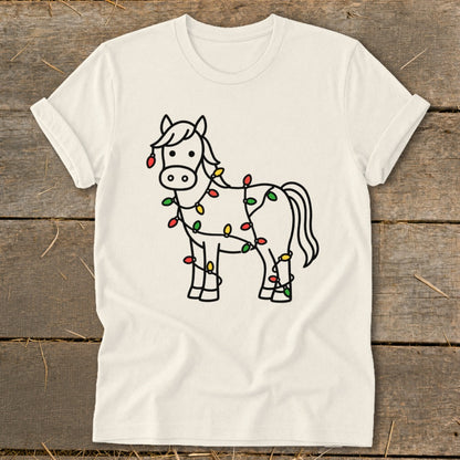 Line drawing of a horse decorated with colorful Christmas lights.