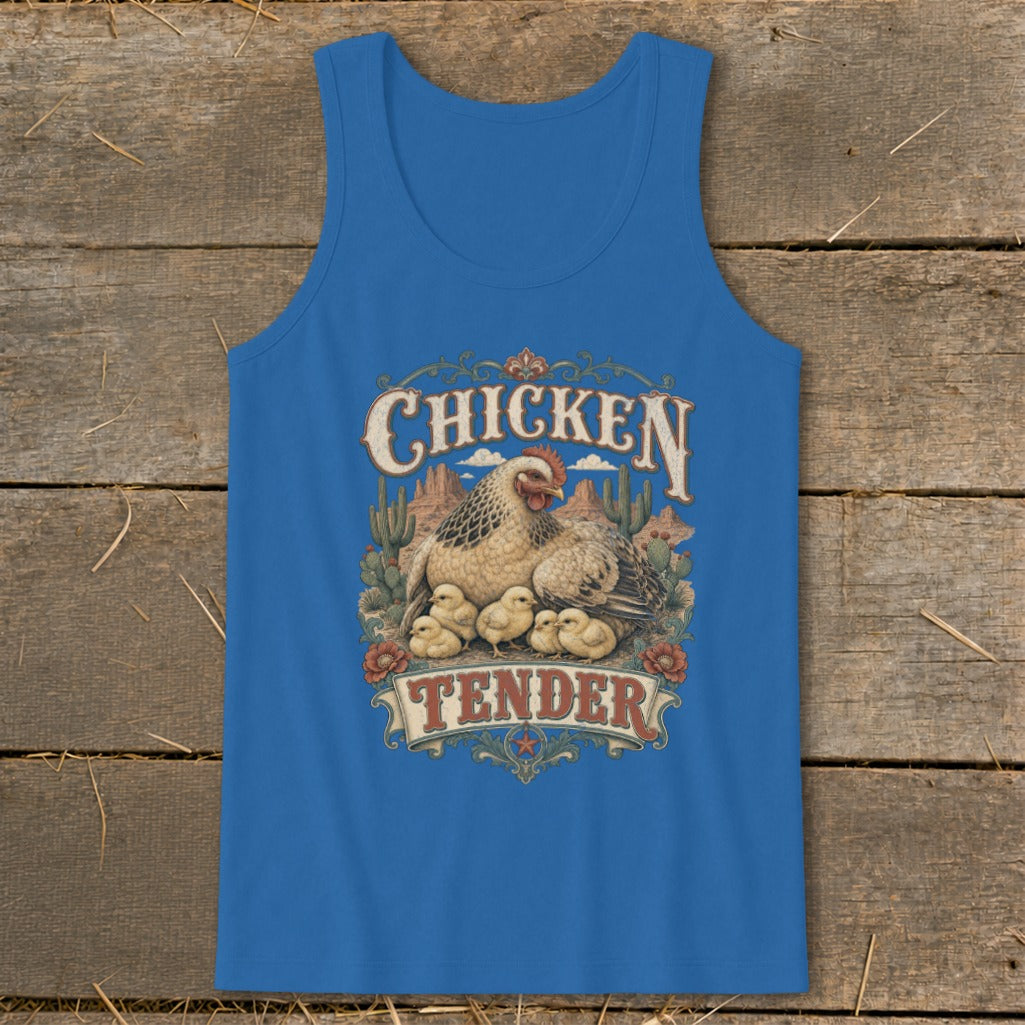 Blue tank top with "Chicken Tender" graphic featuring a hen and chicks in a desert scene.