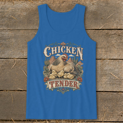 Blue tank top with "Chicken Tender" graphic featuring a hen and chicks in a desert scene.