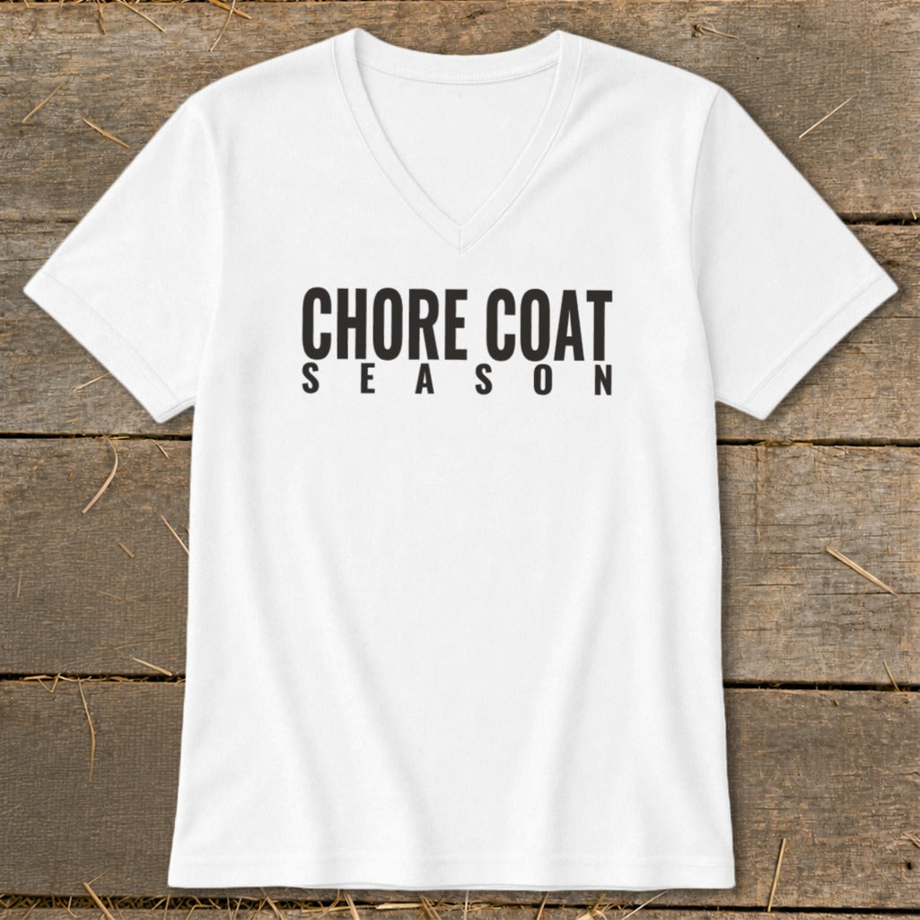 White V-neck t-shirt with "CHORE COAT SEASON" printed in black letters.