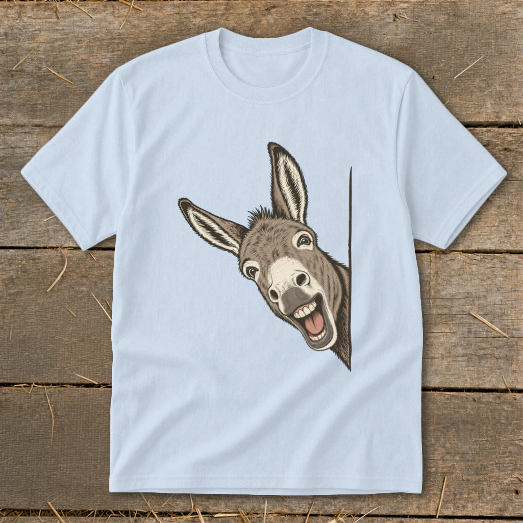 Illustration of a happy donkey peeking from behind a corner on a light blue t-shirt.
