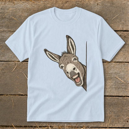 Illustration of a happy donkey peeking from behind a corner on a light blue t-shirt.