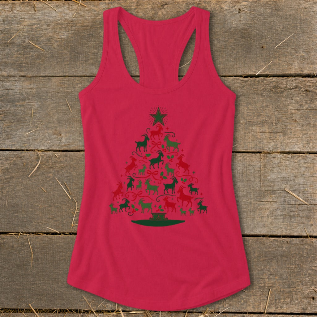 Red tank top with a Christmas tree made of red and green goats.