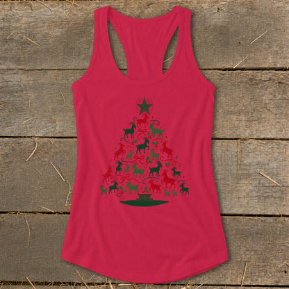 Red tank top with a Christmas tree made of red and green goats.