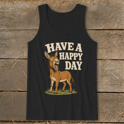 Black tank top with cartoon donkey and text "HAVE A HAPPY DAY".