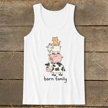 White tank top with a cartoon stack of a cow, pig, goat, and cat, labeled "barn family".