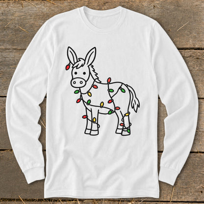 Line art donkey on white long sleeve shirt with Christmas lights.
