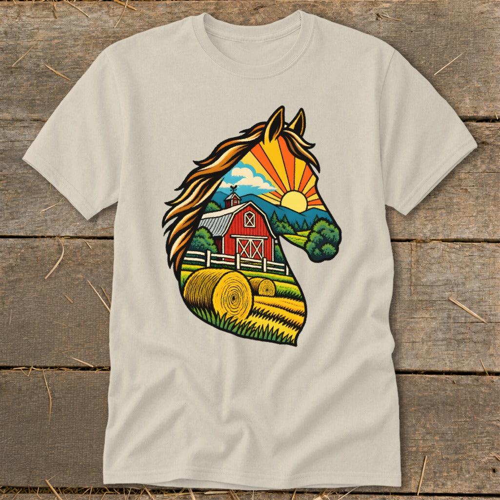 Beige t-shirt featuring a horse head graphic filled with a colorful farm landscape illustration.
