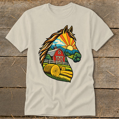 Beige t-shirt featuring a horse head graphic filled with a colorful farm landscape illustration.