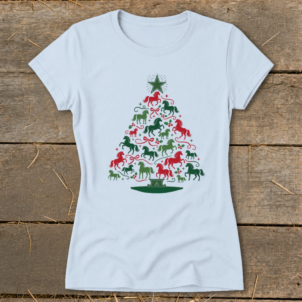 Light blue t-shirt with a Christmas tree made of red and green horse silhouettes.