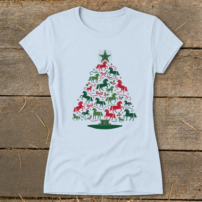 Light blue t-shirt with a Christmas tree made of red and green horse silhouettes.