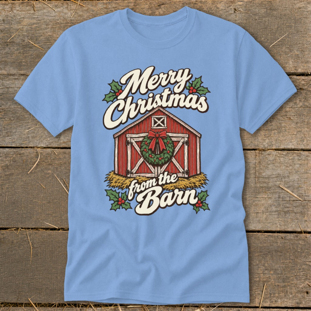 Light blue t-shirt with "Merry Christmas from the Barn" text and a barn graphic.