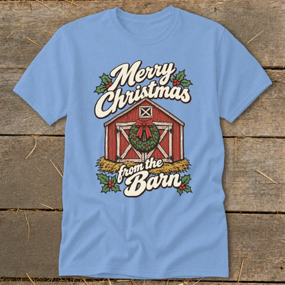 Light blue t-shirt with "Merry Christmas from the Barn" text and a barn graphic.
