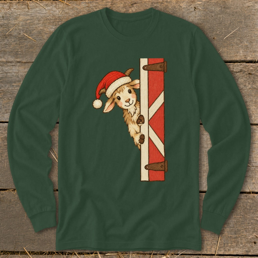 Long-sleeve shirt with llama wearing Santa hat peeking from barn door.