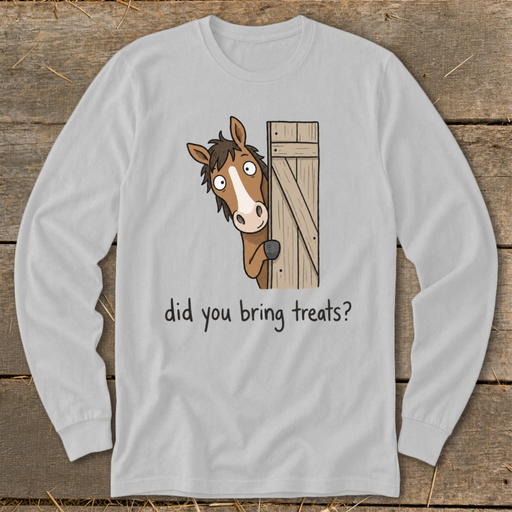 Cartoon horse peeking from behind a wooden door, asking "did you bring treats?".