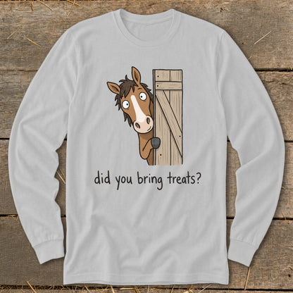 Cartoon horse peeking from behind a wooden door, asking "did you bring treats?".