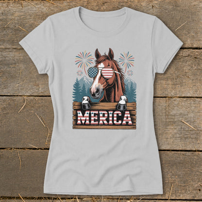 Horse wearing American flag sunglasses, with "MERICA" text and fireworks.