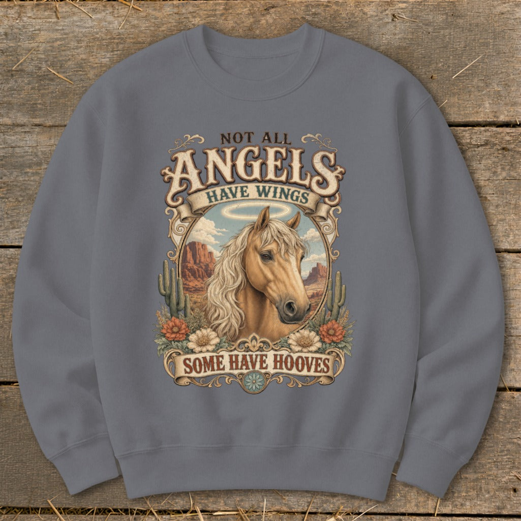 Gray sweatshirt with "Not All Angels Have Wings, Some Have Hooves" text and horse design.