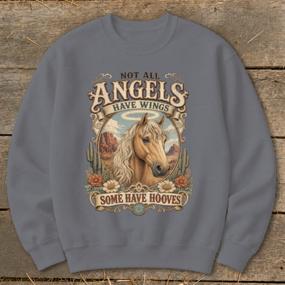 Gray sweatshirt with "Not All Angels Have Wings, Some Have Hooves" text and horse design.