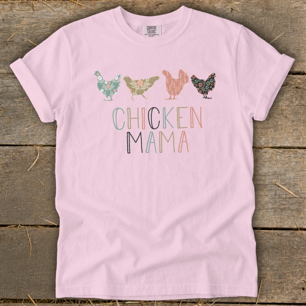 Pink t-shirt with floral chickens and "CHICKEN MAMA" text.