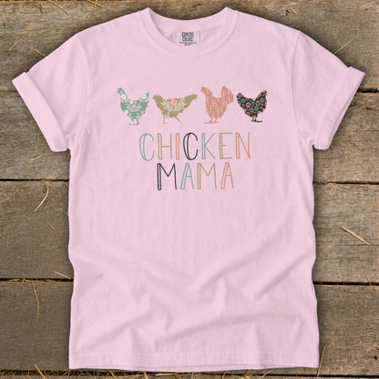 Pink t-shirt with floral chickens and "CHICKEN MAMA" text.