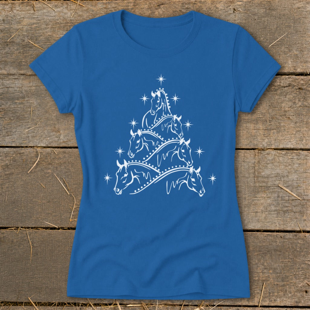 Royal blue t-shirt with white horse Christmas tree design.