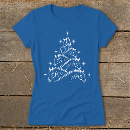 Royal blue t-shirt with white horse Christmas tree design.