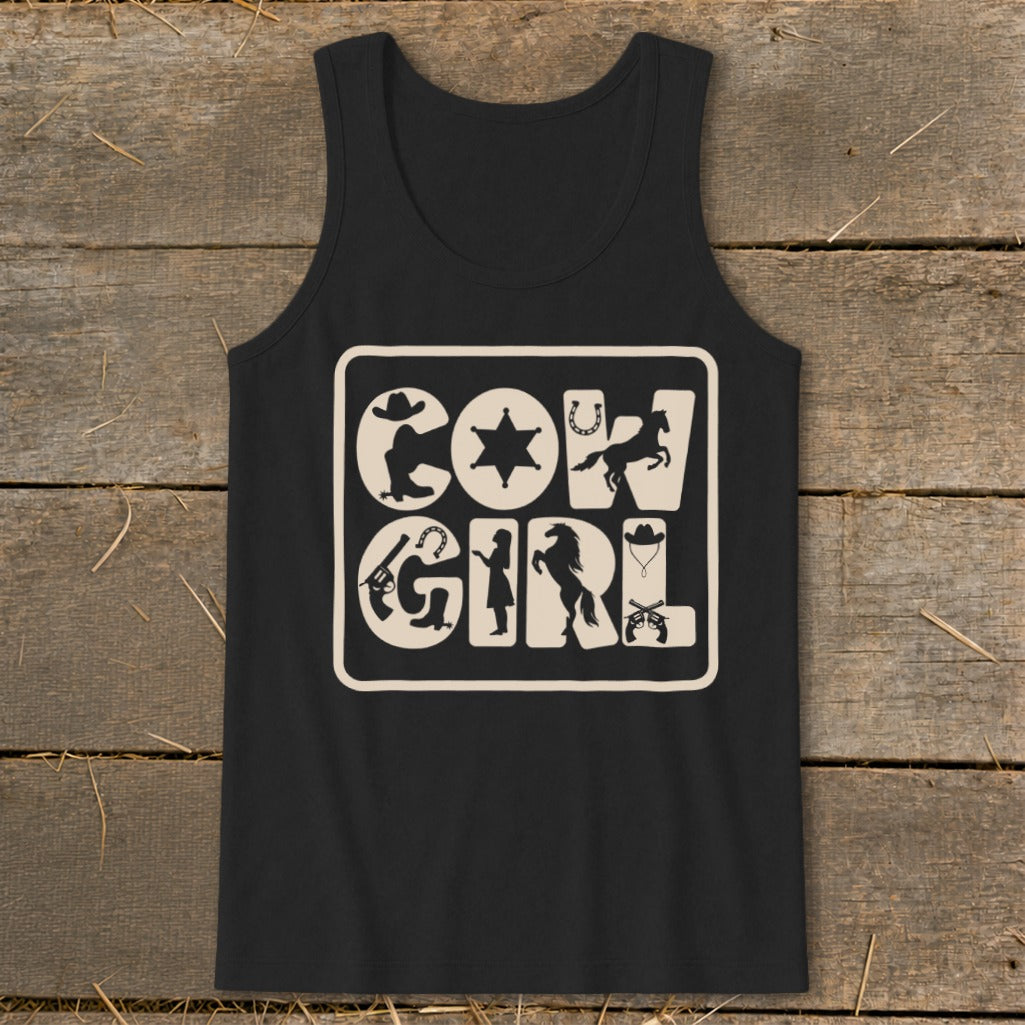 Black tank top with "COWGIRL" text and western-themed graphics.