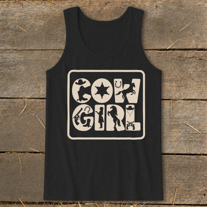 Black tank top with "COWGIRL" text and western-themed graphics.