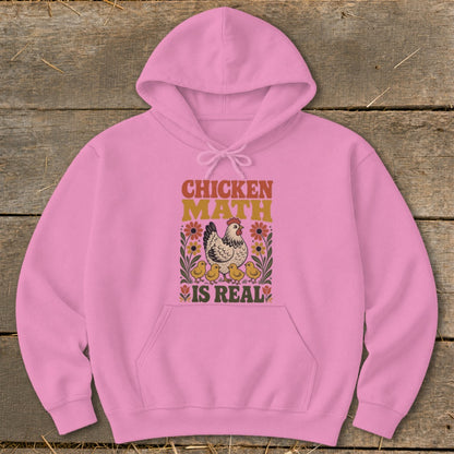 Pink hoodie with "Chicken Math Is Real" text and chicken with chicks graphic.