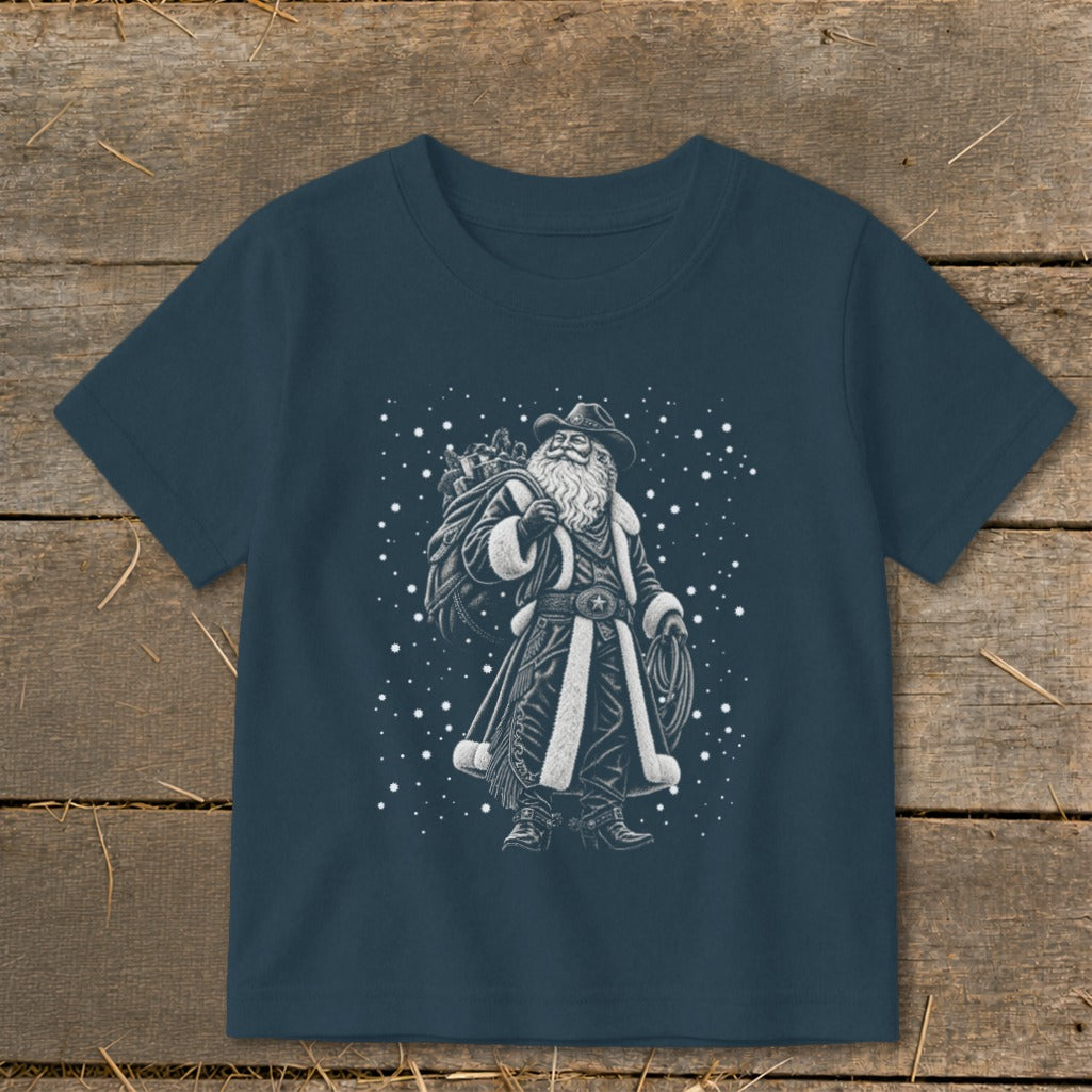 Cowboy Santa with sack of gifts and lasso, surrounded by snowflakes.