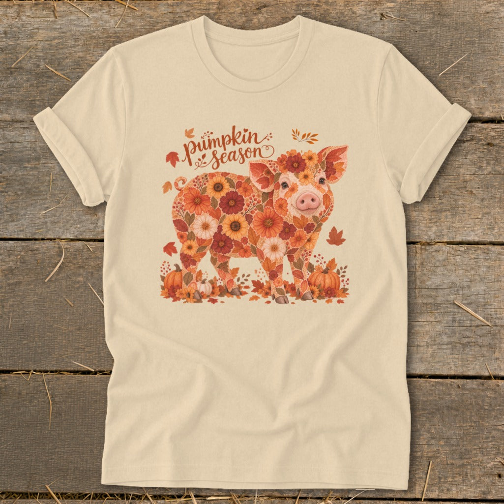 Cream t-shirt with a floral pig graphic and "Pumpkin Season" text.