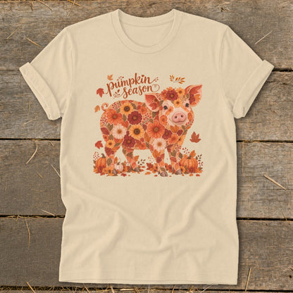 Cream t-shirt with a floral pig graphic and "Pumpkin Season" text.