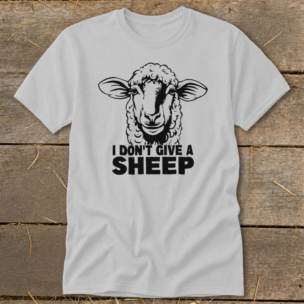 Light gray t-shirt with a black graphic of a sheep's head and "I DON'T GIVE A SHEEP".