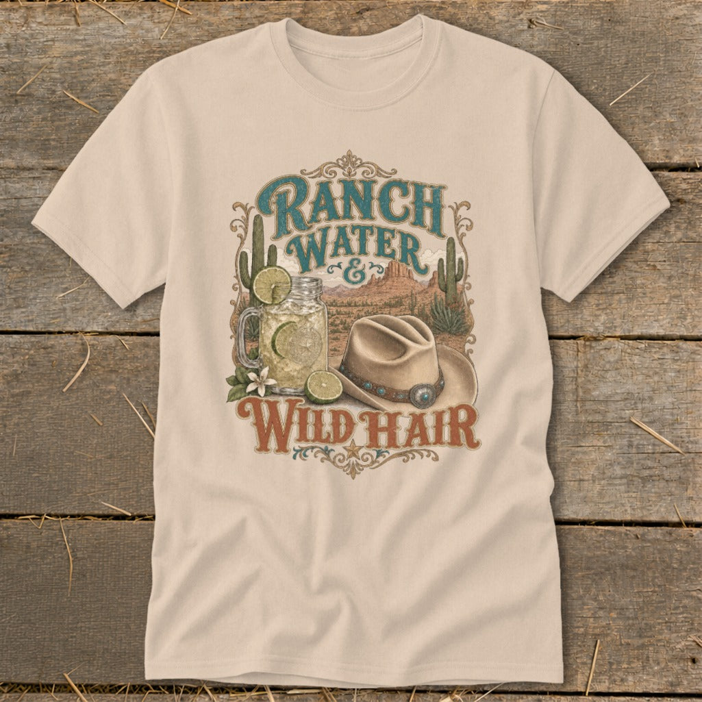 Ranch Water & Wild Hair text with desert scene, drink, and cowboy hat graphic.