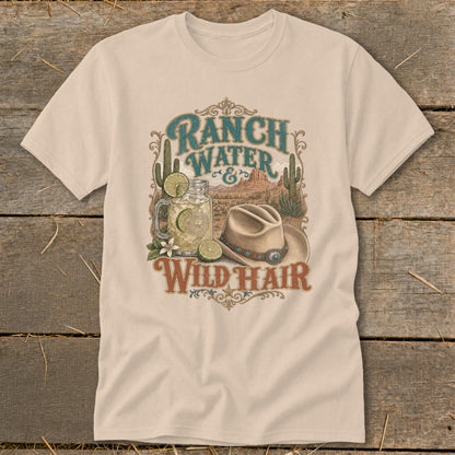 Ranch Water & Wild Hair text with desert scene, drink, and cowboy hat graphic.