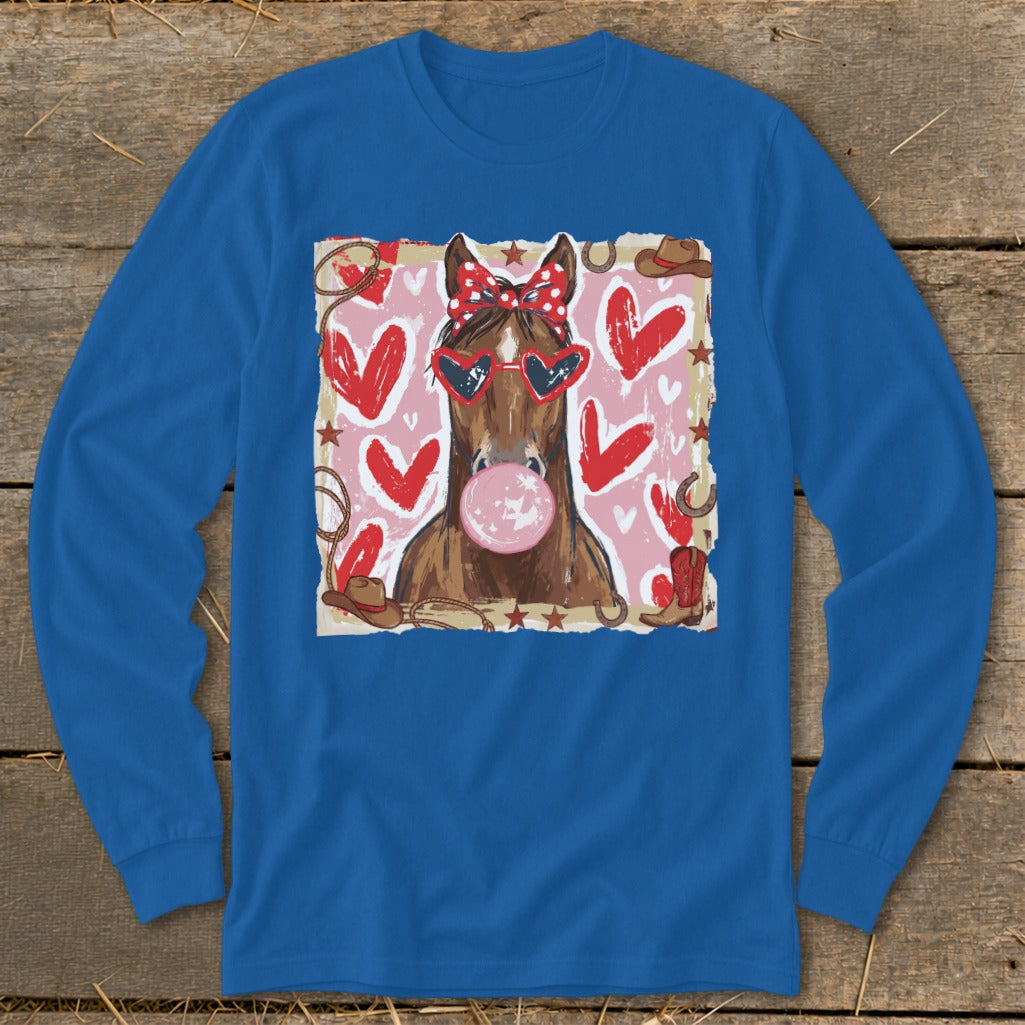 Horse wearing heart sunglasses and bandana blowing bubble gum, surrounded by hearts.