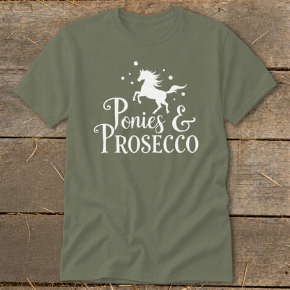 Green t-shirt with white text "Ponies & PROSECCO" and a galloping horse silhouette.