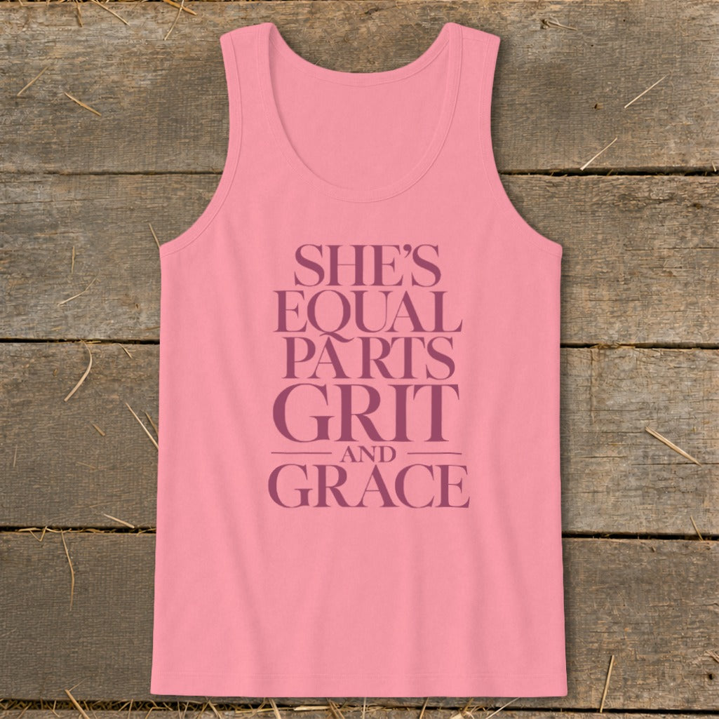 Pink tank top with text "SHE'S EQUAL PARTS GRIT AND GRACE".