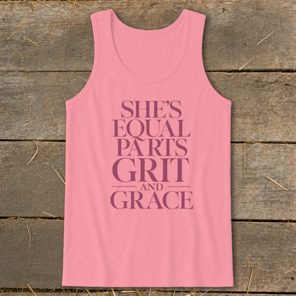 Pink tank top with text "SHE'S EQUAL PARTS GRIT AND GRACE".
