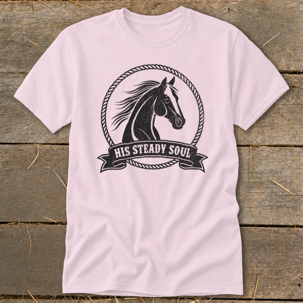Pink t-shirt with black horse graphic and "HIS STEADY SOUL" text.
