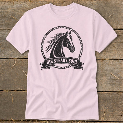 Pink t-shirt with black horse graphic and "HIS STEADY SOUL" text.