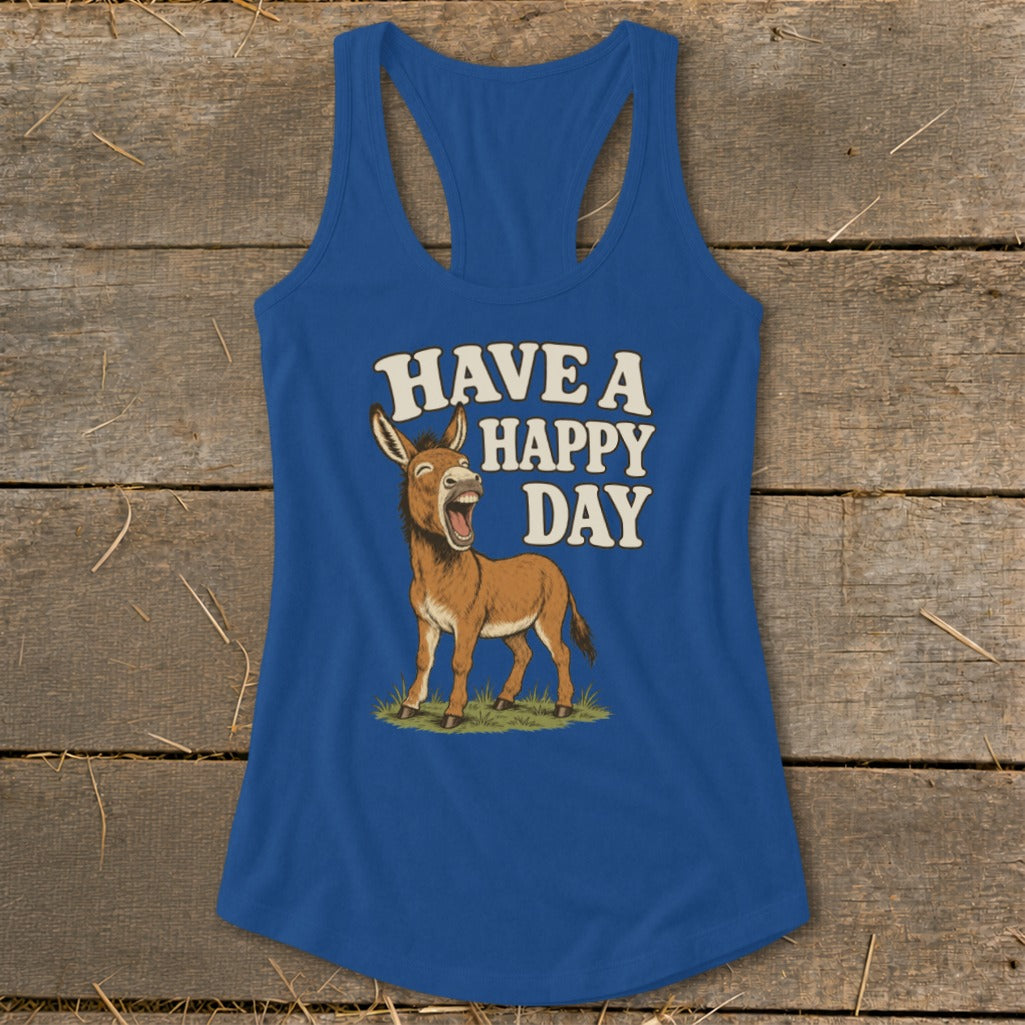 Blue tank top with a happy donkey and text that reads "Have a Happy Day".